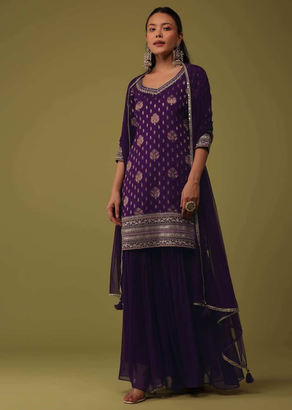 Grape Purple Organza Kurti And Sharara Set In Brocade Weave
