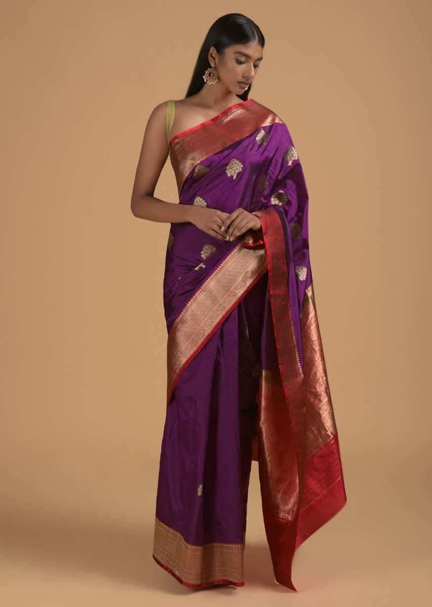 Grape Purple Pure Handloom Saree In Silk With Woven Buttis And Red Border Online - Kalki Fashion