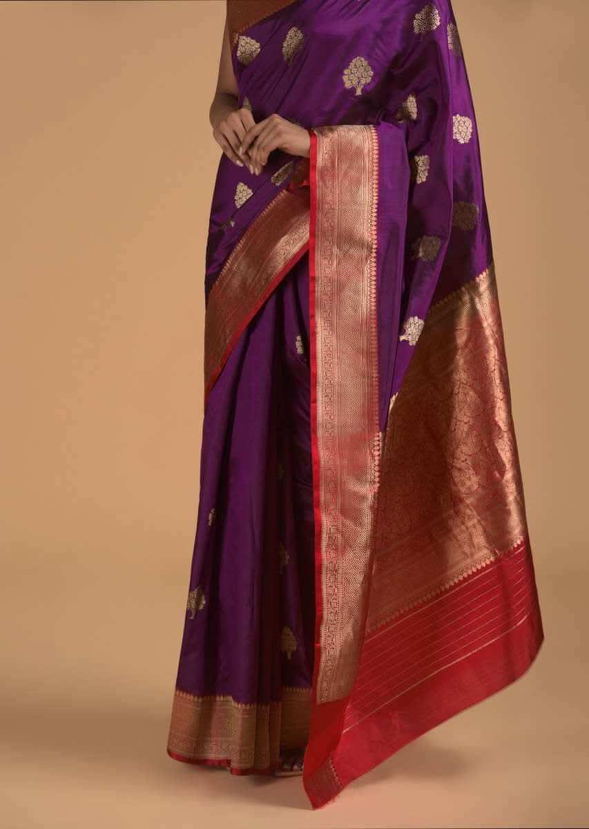 Grape Purple Pure Handloom Saree In Silk With Woven Buttis And Red Border Online - Kalki Fashion