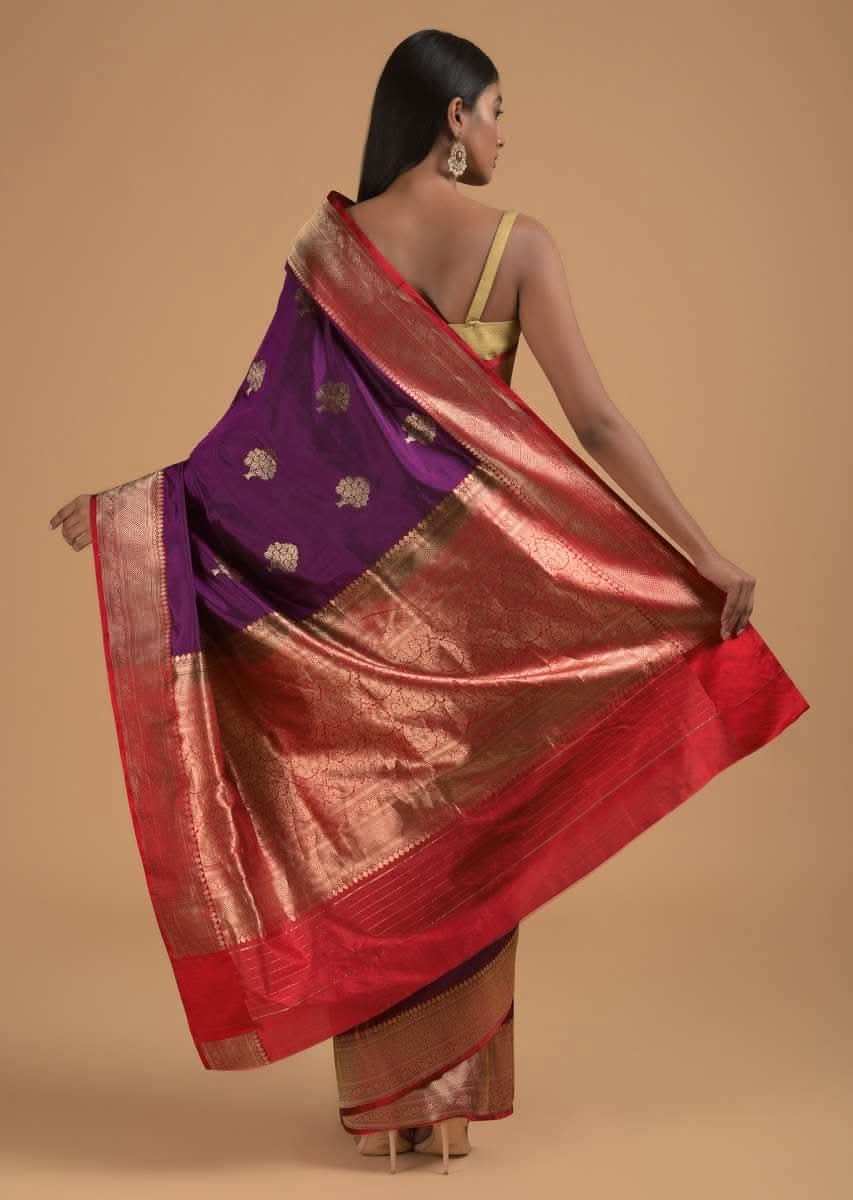 Grape Purple Pure Handloom Saree In Silk With Woven Buttis And Red Border Online - Kalki Fashion
