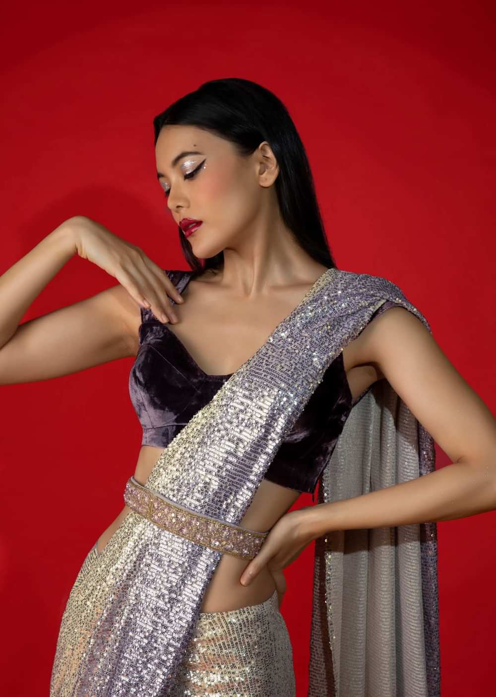 Grape Purple Velvet Blouse With Pleated Sleeves And Corset Neckline