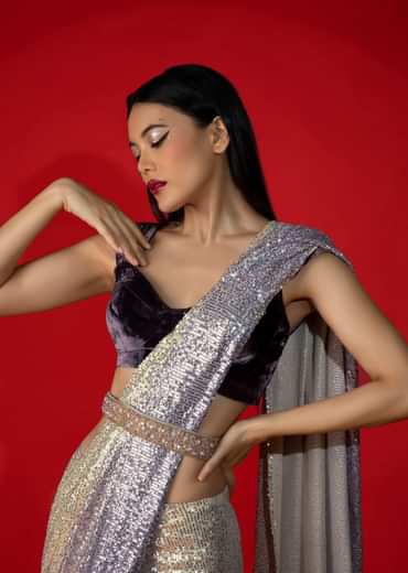 Grape Purple Velvet Blouse With Pleated Sleeves And Corset Neckline