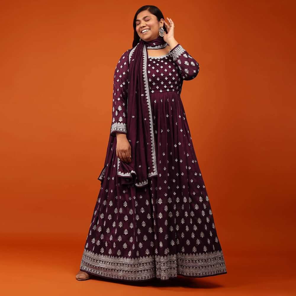 Grape Wine Anarkali Suit In Georgette With Embroidery In Zari And Stone Embellishment