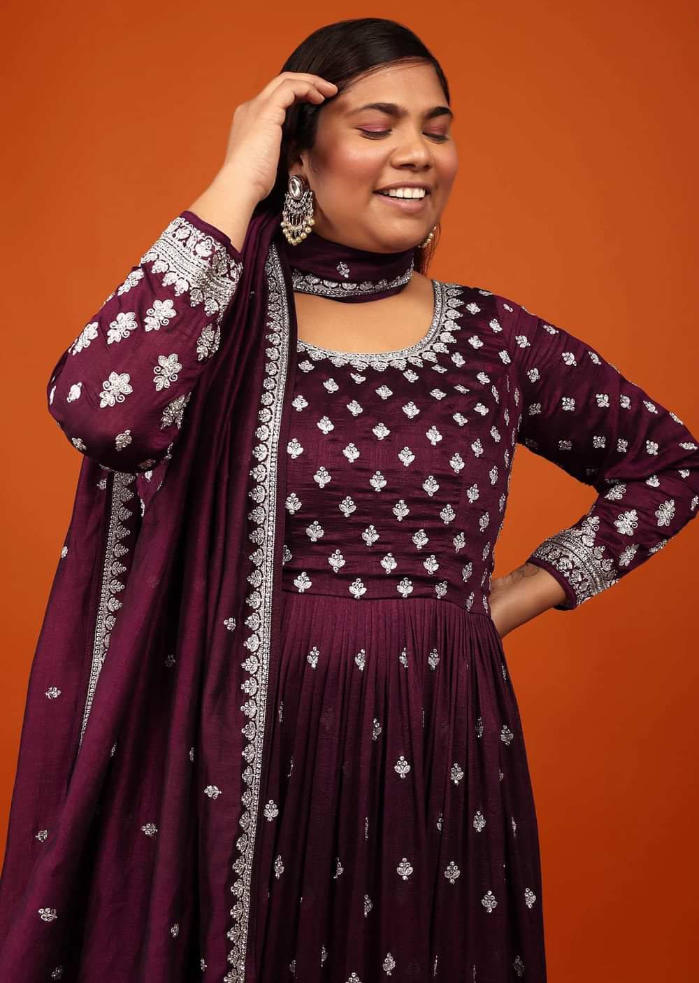 Grape Wine Anarkali Suit In Georgette With Embroidery In Zari And Stone Embellishment