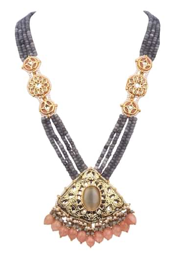 Gray And Gold Kundan Long Necklace Set In Mix Metal