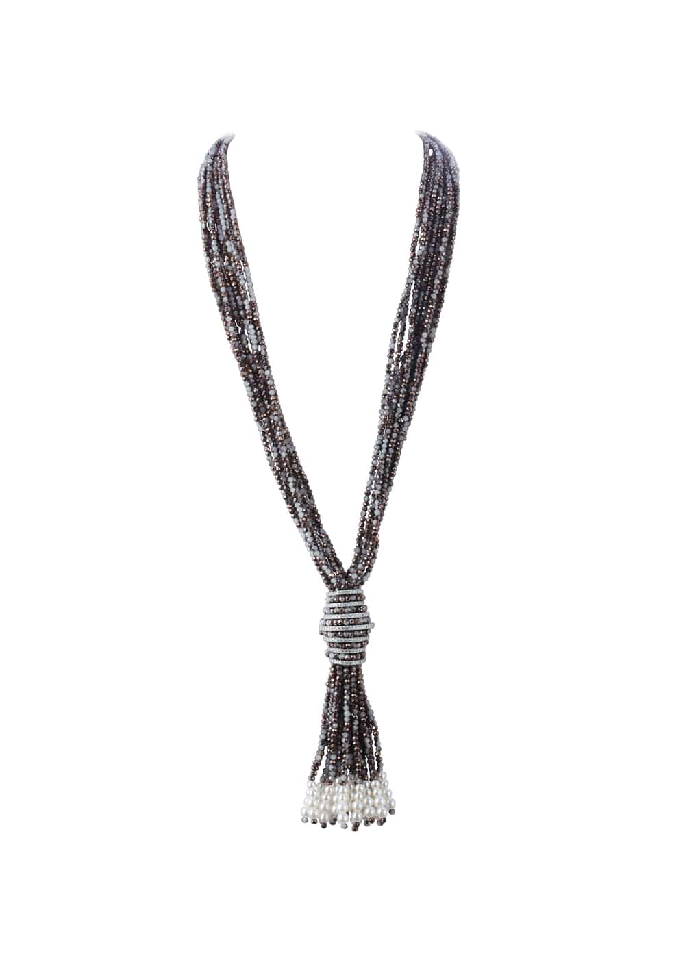 Gray And Silver Finish Long Necklace With Pearl Tassel In Mix Metal