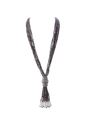 Gray And Silver Finish Long Necklace With Pearl Tassel In Mix Metal