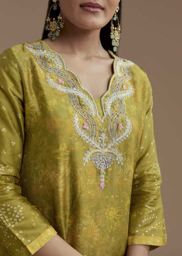 Green Abstract Print Silk Kurta and Palazzo Set