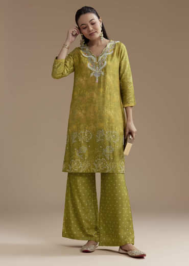 Green Abstract Print Silk Kurta and Palazzo Set