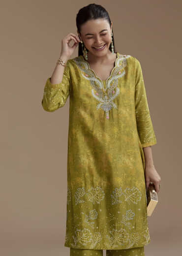 Green Abstract Print Silk Kurta and Palazzo Set