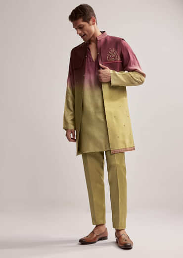 Green And Wine Ombre Silk Kurta Jacket Set For Men With Embroidery