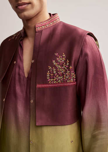 Green And Wine Ombre Silk Kurta Jacket Set For Men With Embroidery