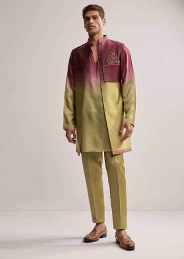 Green And Wine Ombre Silk Kurta Jacket Set For Men With Embroidery