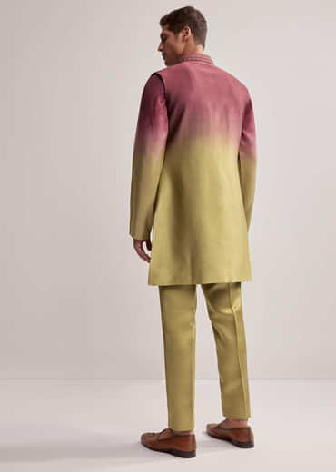 Green And Wine Ombre Silk Kurta Jacket Set For Men With Embroidery