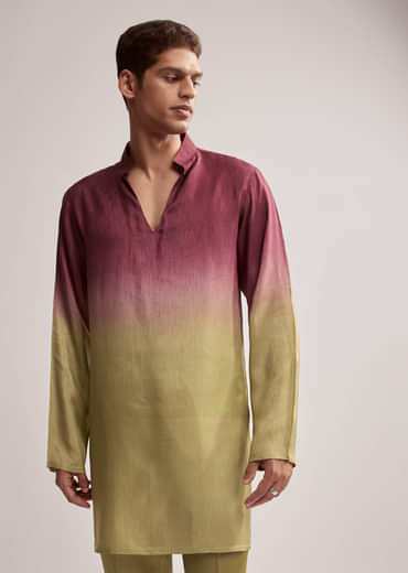 Green And Wine Ombre Silk Kurta Jacket Set For Men With Embroidery