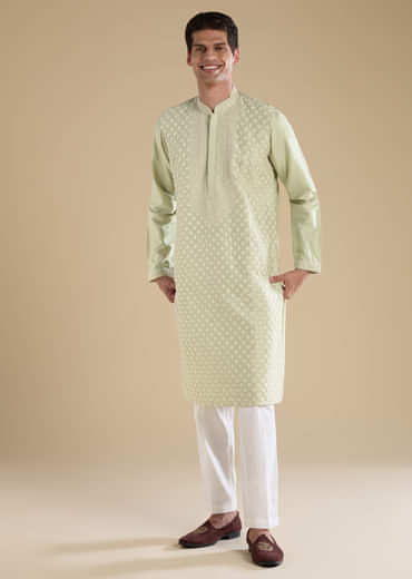 Green Banarasi Silk Kurta Set with Kantha Work
