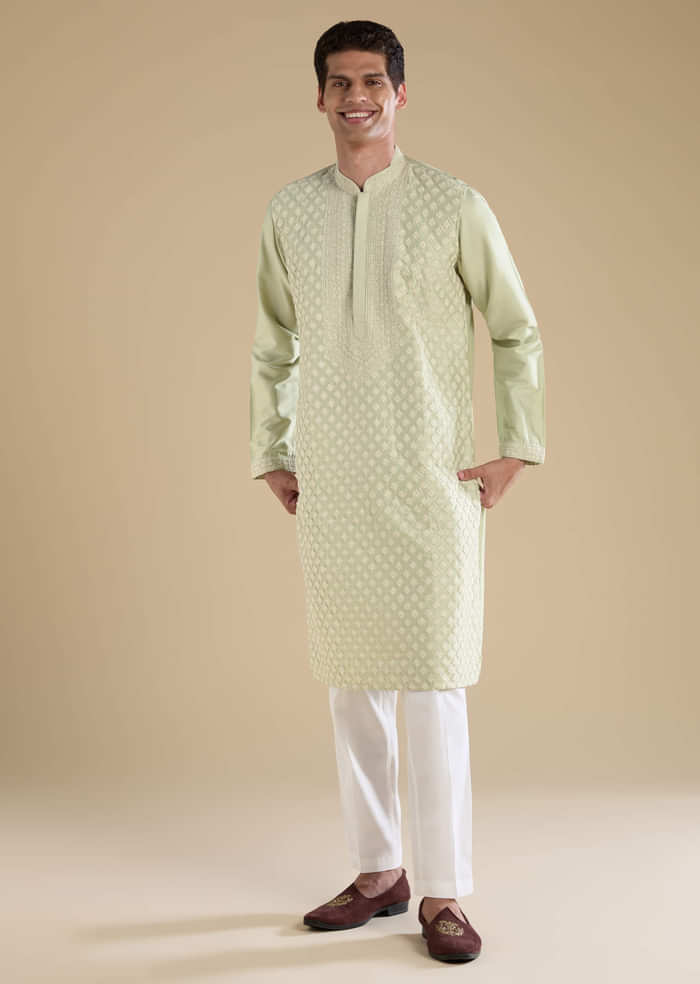 Green Banarasi Silk Kurta Set with Kantha Work