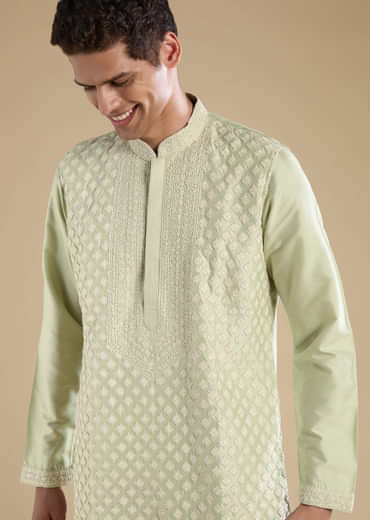 Green Banarasi Silk Kurta Set with Kantha Work
