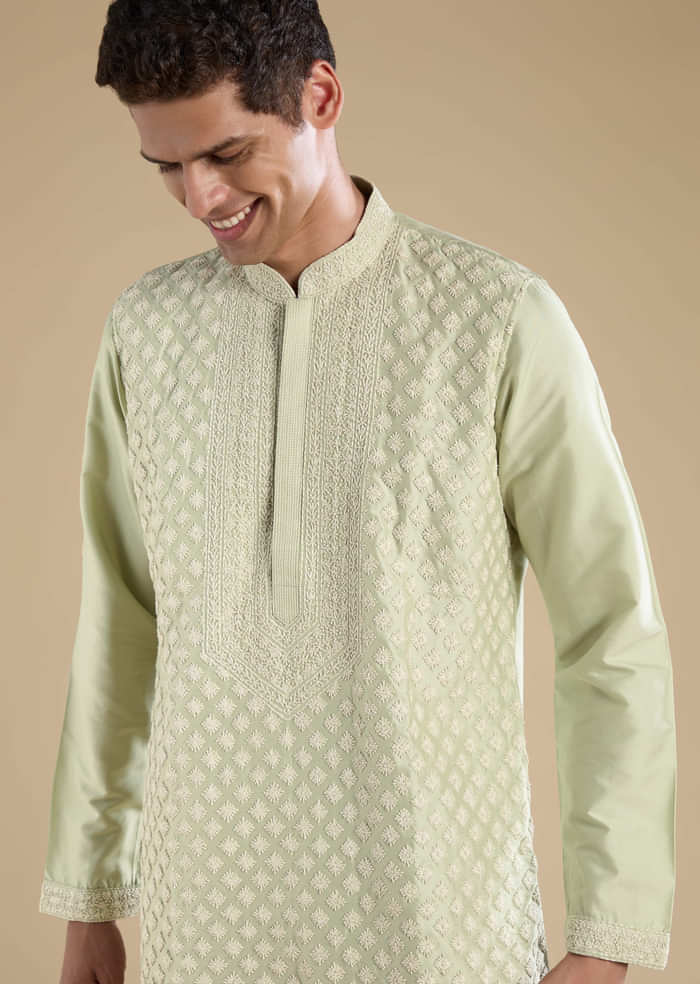 Green Banarasi Silk Kurta Set with Kantha Work