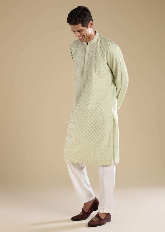 Green Banarasi Silk Kurta Set with Kantha Work