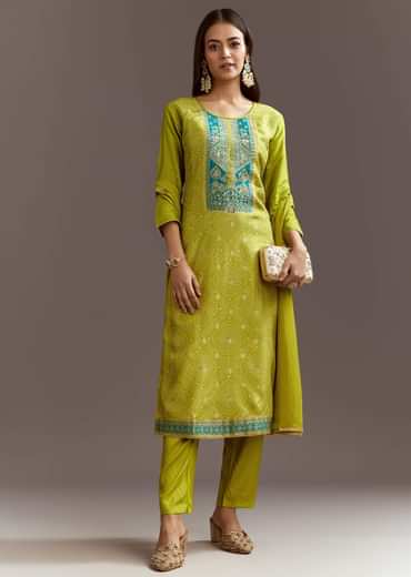 Green Bandhani Dola Silk Kurta Set With Gotta Lace Dupatta