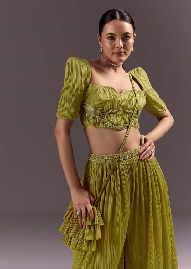 Green Blouse Palazzo Suit With Hand Embroidery And Sling Bag