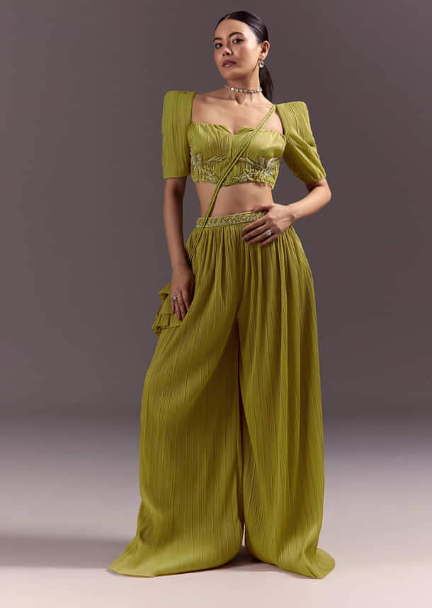 Green Blouse Palazzo Suit With Hand Embroidery And Sling Bag