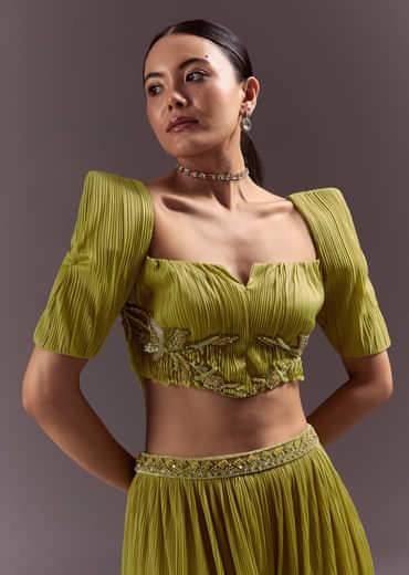 Green Blouse Palazzo Suit With Hand Embroidery And Sling Bag