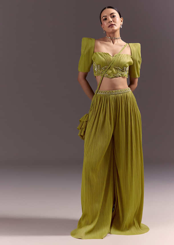 Green Blouse Palazzo Suit With Hand Embroidery And Sling Bag