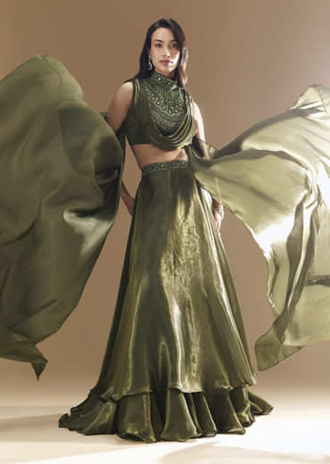 Green Bridesmaid Organza Lehega with Cowl Blouse