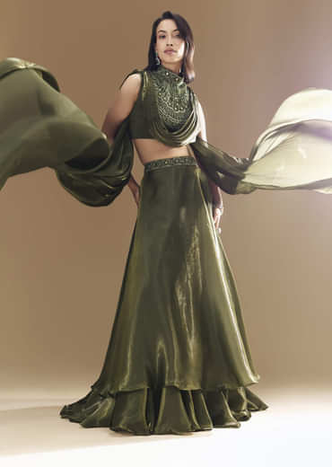 Green Bridesmaid Organza Lehega with Cowl Blouse