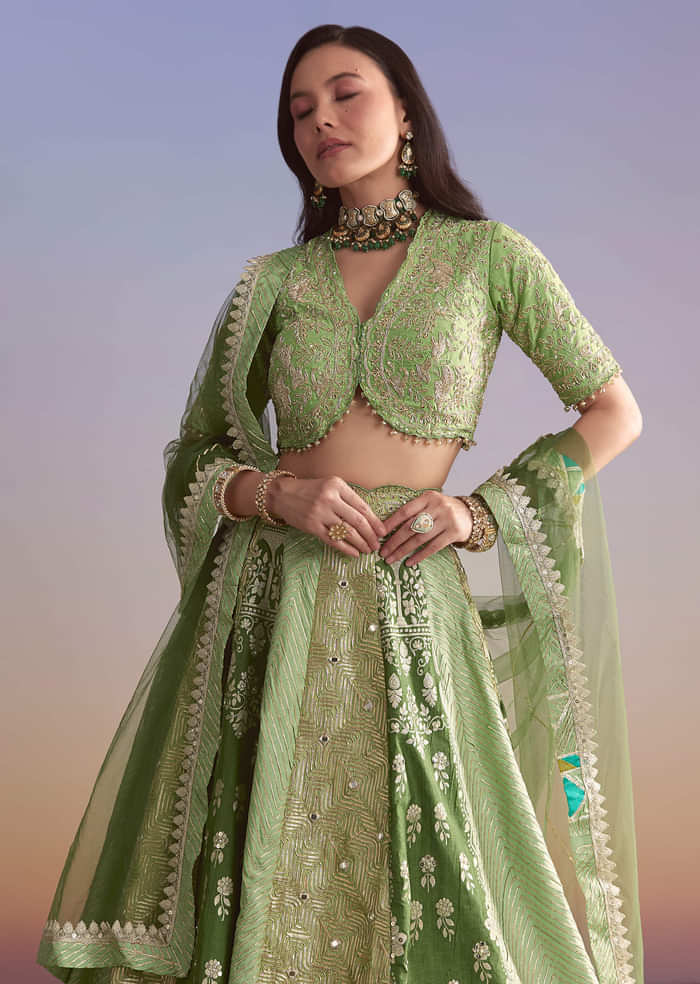Green Brocade Silk Bridesmaid Lehenga With Zardosi Embroidery