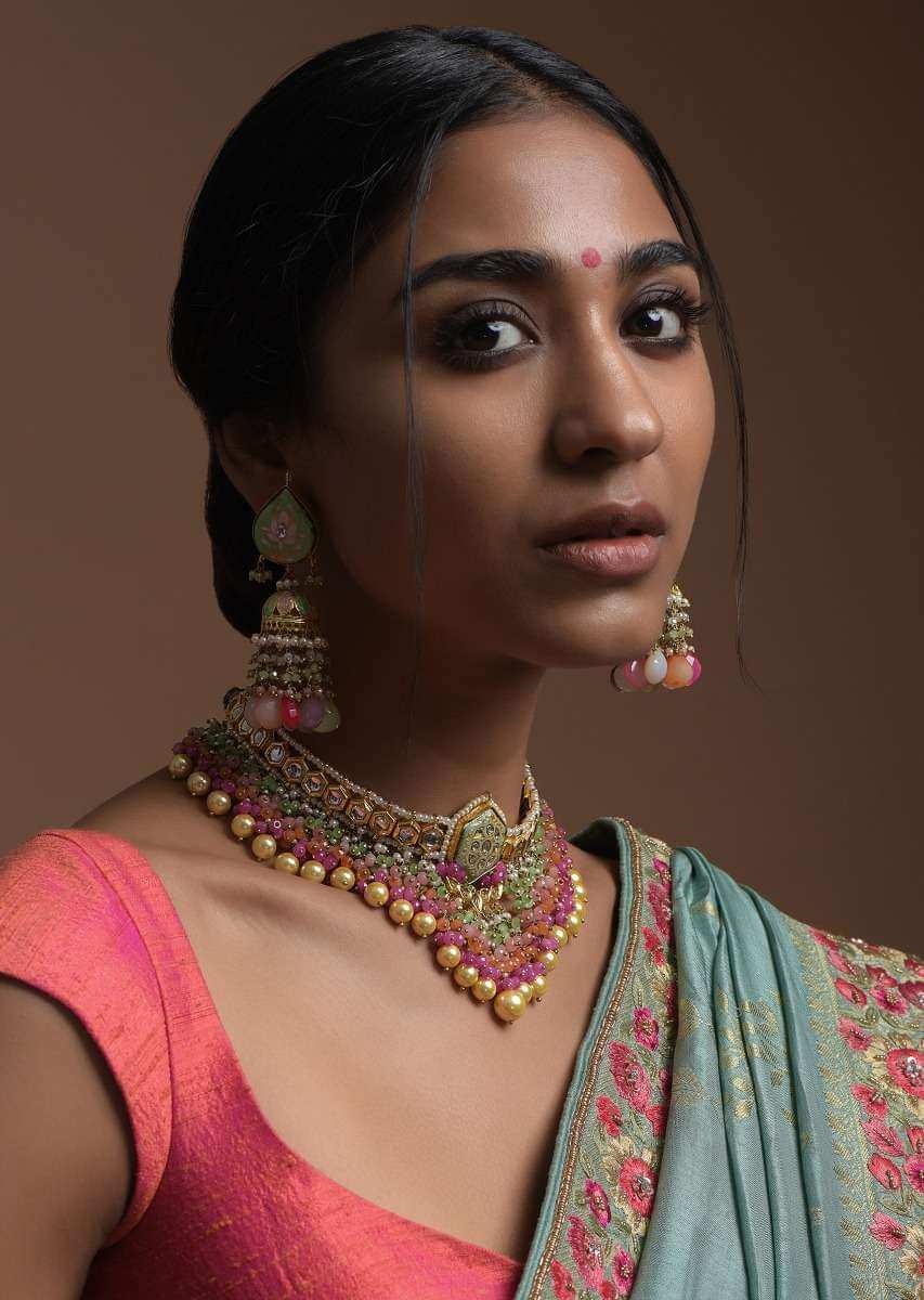 Green Carved Pendant Choker With Kundan Work And Dangling Multi Color Beads And Yellow Pearls