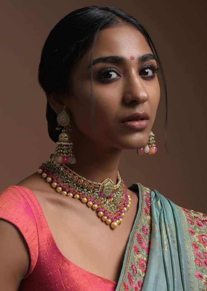 Green Carved Pendant Choker With Kundan Work And Dangling Multi Color Beads And Yellow Pearls