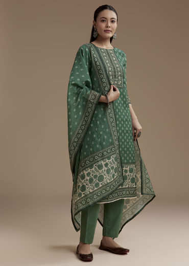 Green Chanderi Block Print Kurta Set