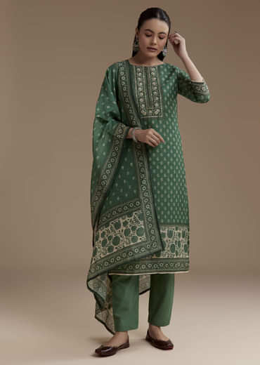 Green Chanderi Block Print Kurta Set
