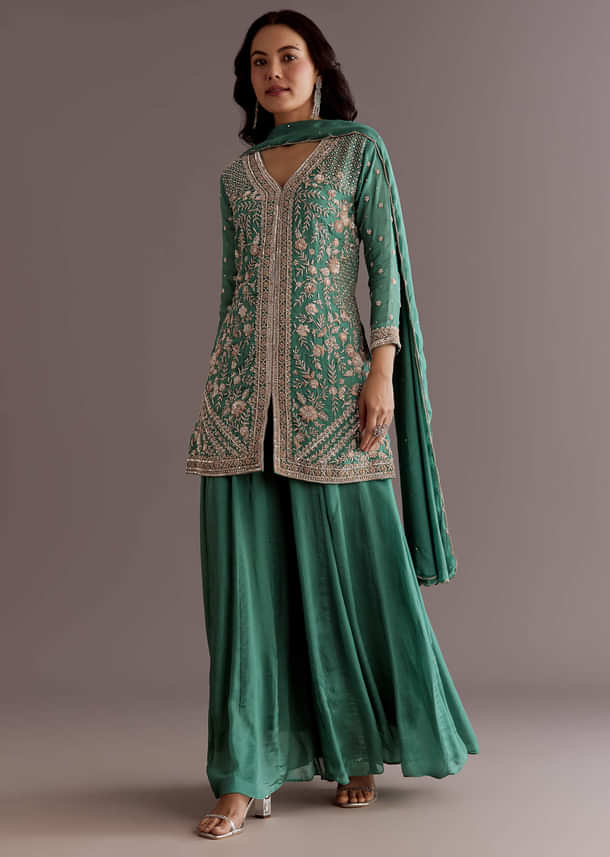 Green Chinon Cudtana Embroidered Kurta Palazzo Suit Green Chinon Cudtana Embroidered Kurta Palazzo Suit