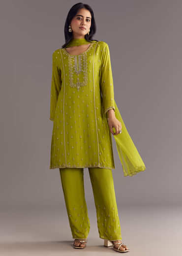 Green Chinon Kurta Set With Cutdana Moti Work Dupatta