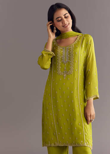 Green Chinon Kurta Set With Cutdana Moti Work Dupatta