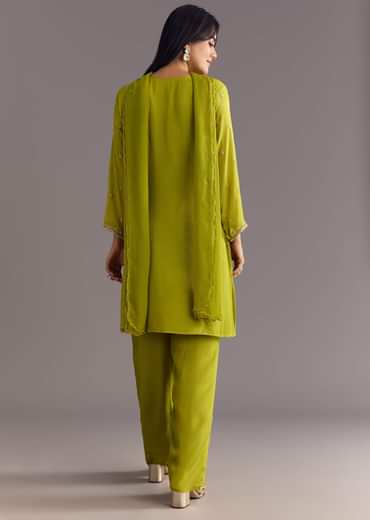 Green Chinon Kurta Set With Cutdana Moti Work Dupatta