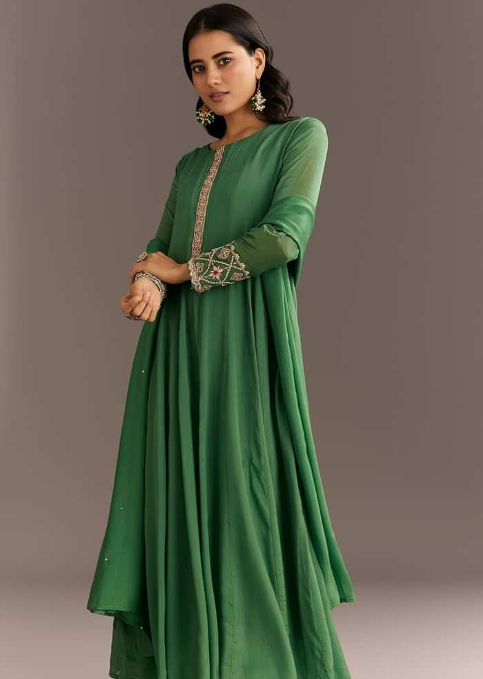 Green Chinon Kurta With Zardosi Moti Work On Neckline And Sleeves