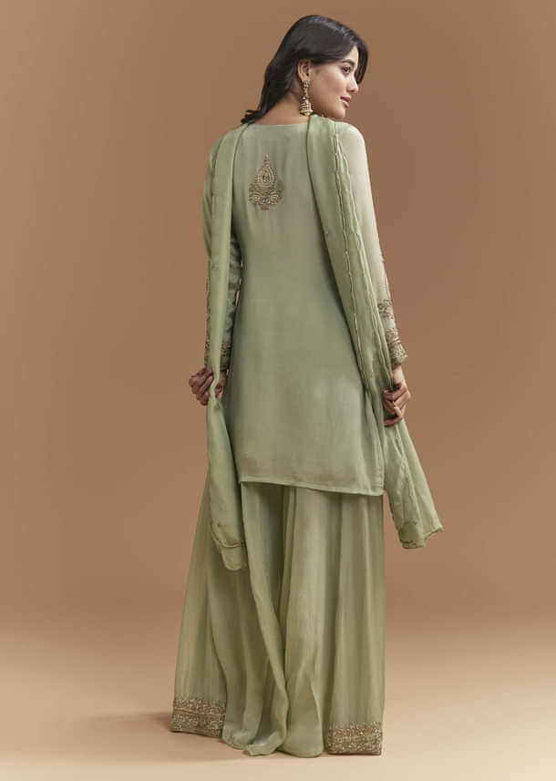 Green Chinon Palazzo Suit With Moti And Cutdana Embroidery Green Chinon Palazzo Suit With Moti And Cutdana Embroidery