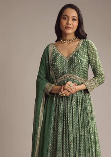 Green Chinon Printed Anarkali Suit With Heavy Embroidery