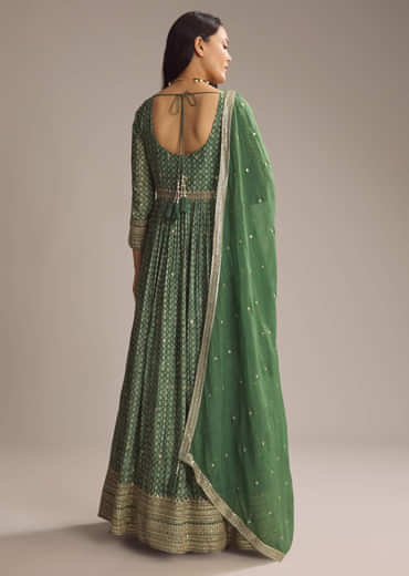 Green Chinon Printed Anarkali Suit With Heavy Embroidery