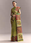 Green Cotton Authentic Hand Painted Saree With Contrast Border