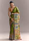 Green Cotton Saree With Hand Painted Floral Motifs And Contrast Border