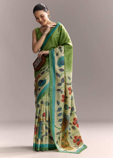 Green Cotton Saree With Hand Painted Motifs And Blue Border