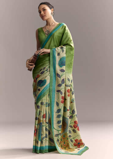 Green Cotton Saree With Hand Painted Motifs And Blue Border