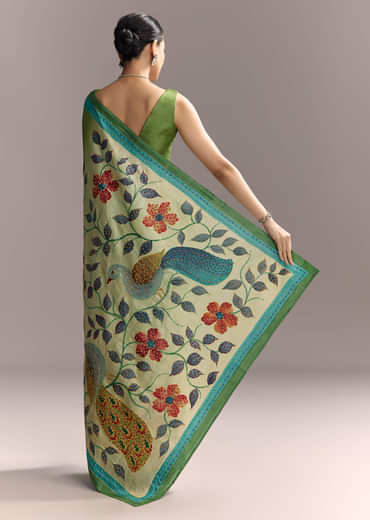Green Cotton Saree With Hand Painted Motifs And Blue Border