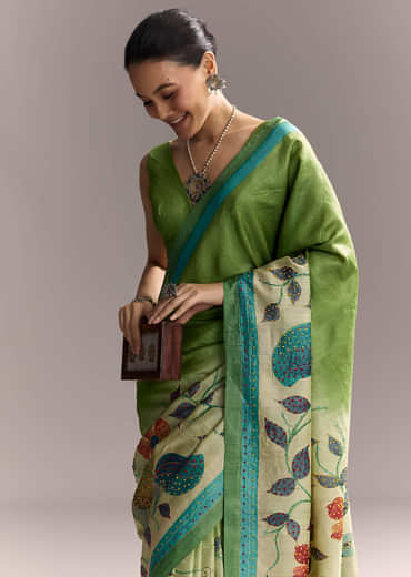 Green Cotton Saree With Hand Painted Motifs And Blue Border